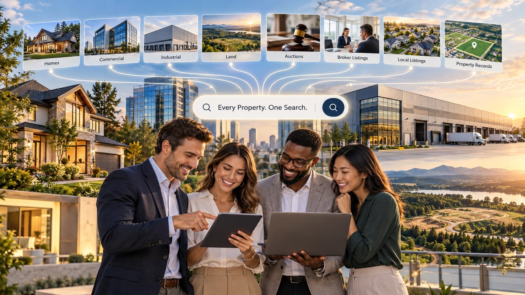 Four people searching on a tablet and a laptop. Tiles above them for homes, commercial, industrial, land, auctions, broker listings, local listings and property records all feed one search box.